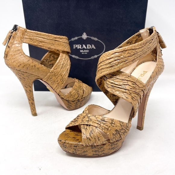 Prada Genuine Leather Tan Opaca Cammello Snake Skin Sandal High Heel Size 36.5 - Picture 2 of 9